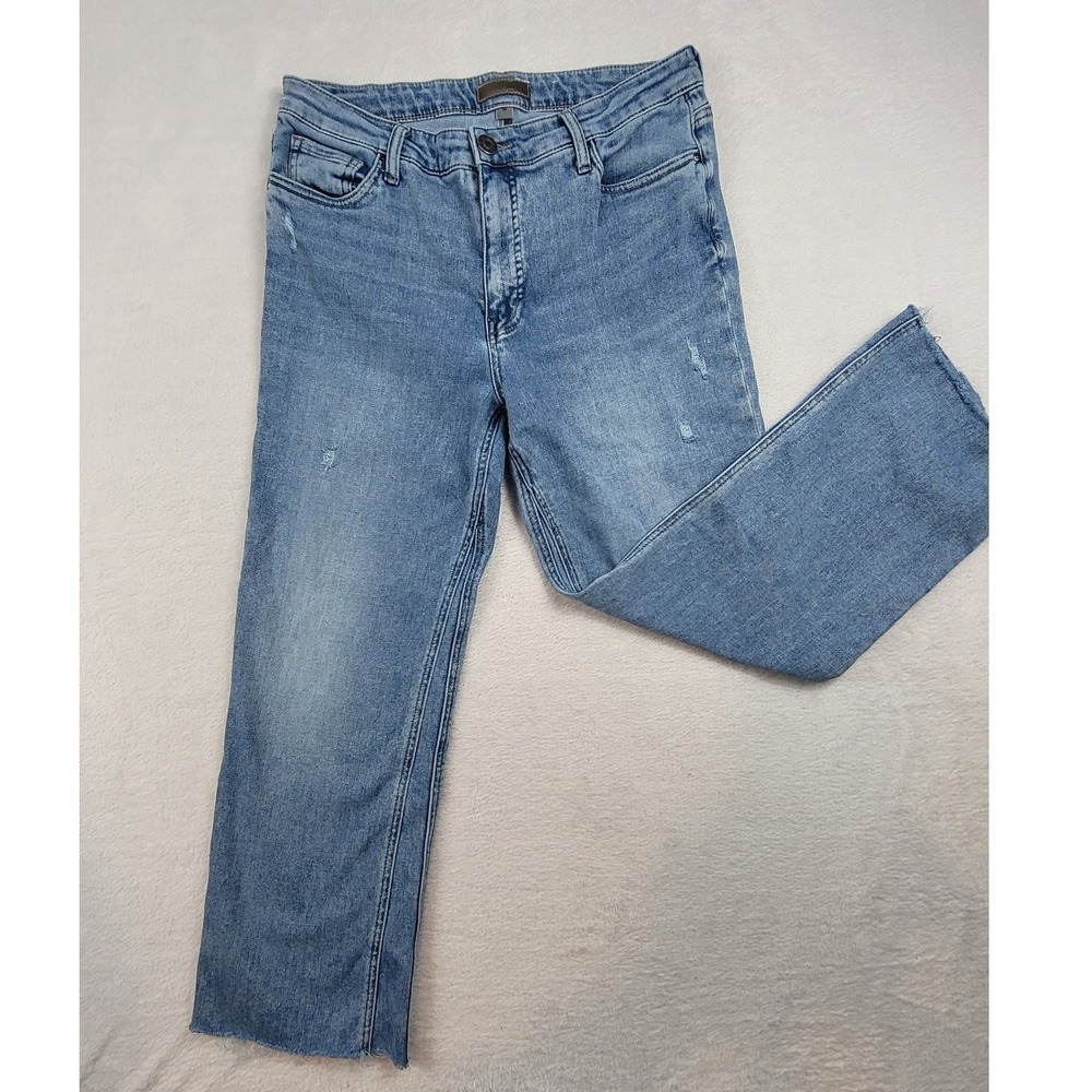 KUT from the Kloth Straight Leg Jeans Light Wash Distressed Raw Hem Size 10
